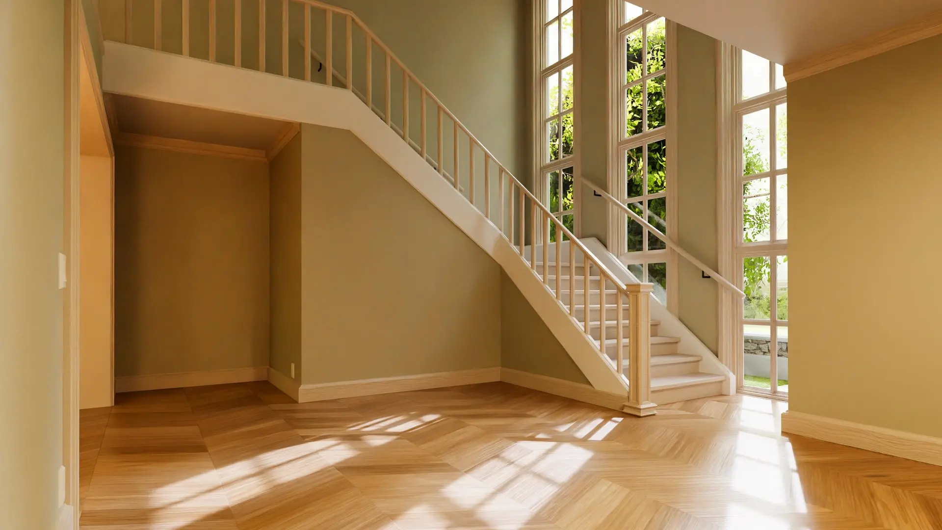 Wooden staircase with white railing connecting different floors of a modern, stylish house, creating a sense of spaciousness and elegance